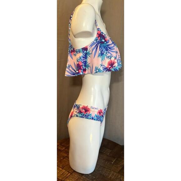 Roxy NWT Pink Hawaiian Flower 2 Piece New Bikini Swimsuit Flutter Top Small - Picture 6 of 16